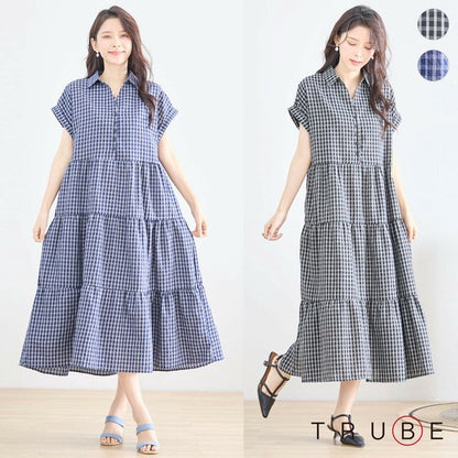 【L〜LL対応】襟付きチェック柄ティアードワンピース｜体型カバー×涼感×大人ナチュラル