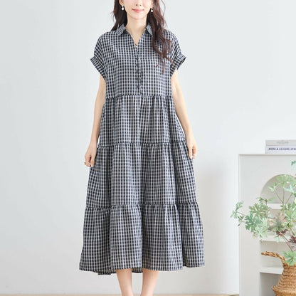 【L〜LL対応】襟付きチェック柄ティアードワンピース｜体型カバー×涼感×大人ナチュラル