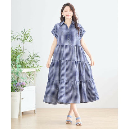 【L〜LL対応】襟付きチェック柄ティアードワンピース｜体型カバー×涼感×大人ナチュラル