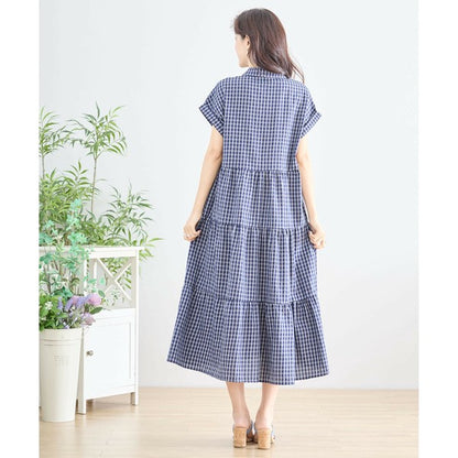 【L〜LL対応】襟付きチェック柄ティアードワンピース｜体型カバー×涼感×大人ナチュラル