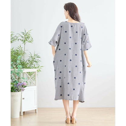 【M〜L】カラードット刺繍 ギンガムチェック ロングワンピース 綿100% コクーン N83-175