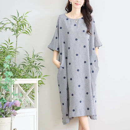 【M〜L】カラードット刺繍 ギンガムチェック ロングワンピース 綿100% コクーン N83-175