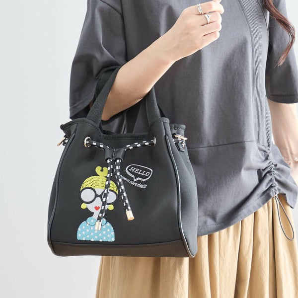 キャラクター刺繍 巾着ショルダーバッグ｜2WAY 厚手ポリ素材 カジュアル可愛い N92-102