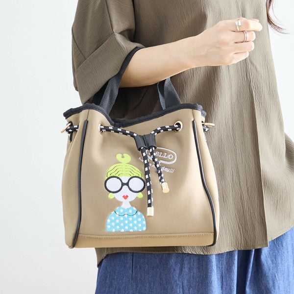 キャラクター刺繍 巾着ショルダーバッグ｜2WAY 厚手ポリ素材 カジュアル可愛い N92-102