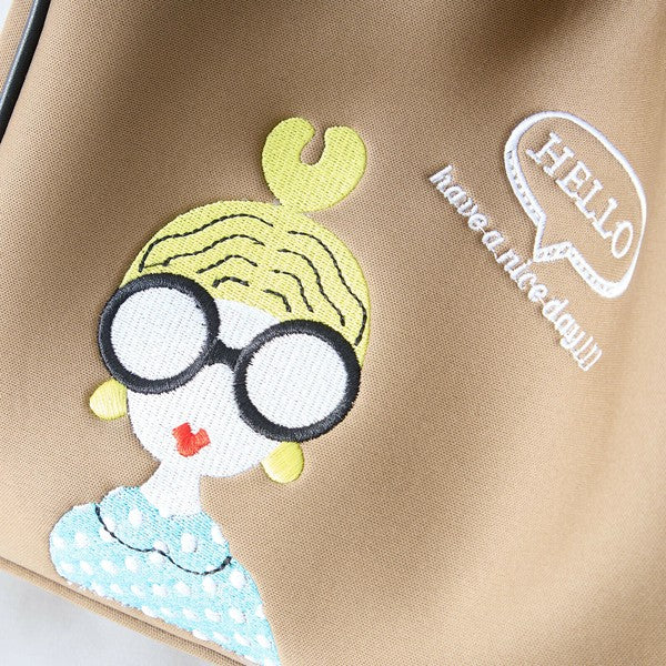 キャラクター刺繍 巾着ショルダーバッグ｜2WAY 厚手ポリ素材 カジュアル可愛い N92-102
