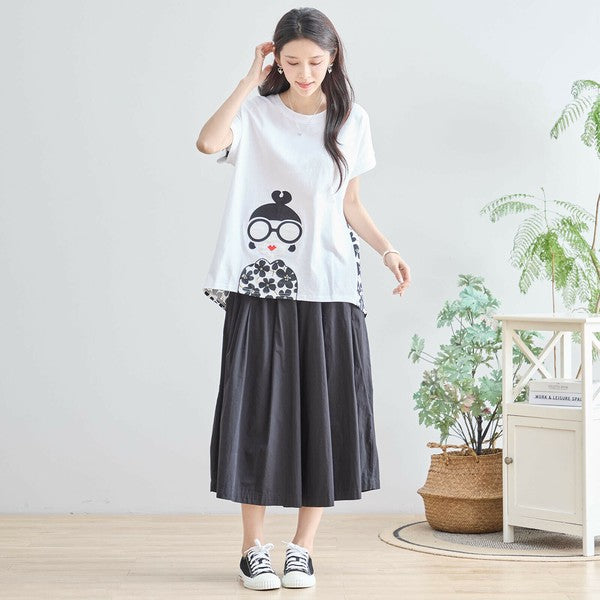 【M〜L】メガネガールTシャツ｜切替デザイン×花柄プリント ゆったり快適 N12-765A