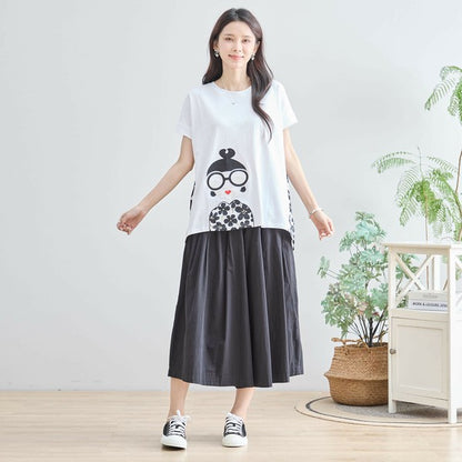 【M〜L】メガネガールTシャツ｜切替デザイン×花柄プリント ゆったり快適 N12-765A