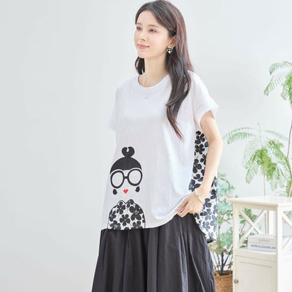 【M〜L】メガネガールTシャツ｜切替デザイン×花柄プリント ゆったり快適 N12-765A