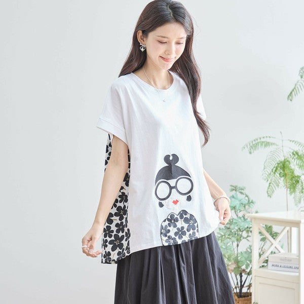 【M〜L】メガネガールTシャツ｜切替デザイン×花柄プリント ゆったり快適 N12-765A