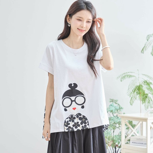 【M〜L】メガネガールTシャツ｜切替デザイン×花柄プリント ゆったり快適 N12-765A