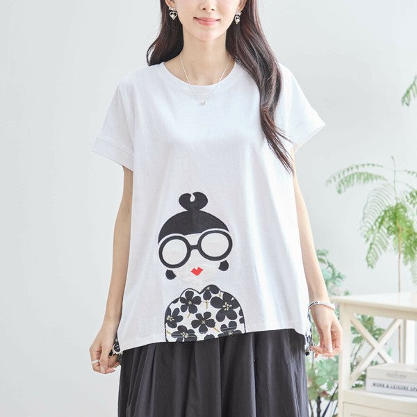 【M〜L】メガネガールTシャツ｜切替デザイン×花柄プリント ゆったり快適 N12-765A