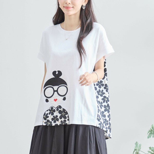 【M〜L】メガネガールTシャツ｜切替デザイン×花柄プリント ゆったり快適 N12-765A