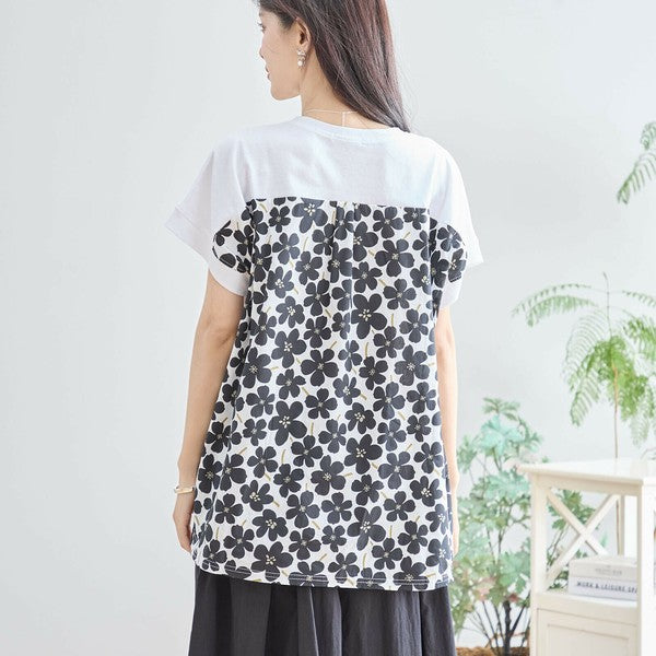 【M〜L】メガネガールTシャツ｜切替デザイン×花柄プリント ゆったり快適 N12-765A