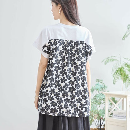 【M〜L】メガネガールTシャツ｜切替デザイン×花柄プリント ゆったり快適 N12-765A