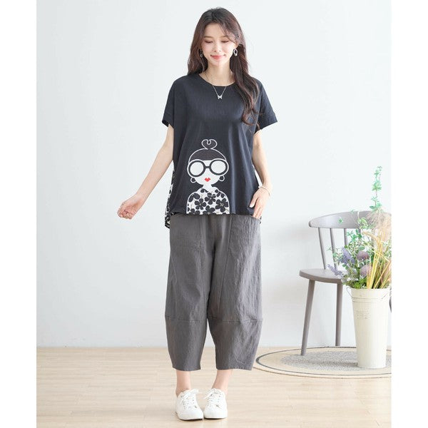 【M〜L】メガネガールTシャツ｜切替デザイン×花柄プリント ゆったり快適 N12-765A