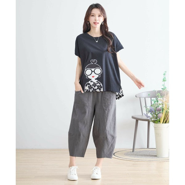 【M〜L】メガネガールTシャツ｜切替デザイン×花柄プリント ゆったり快適 N12-765A