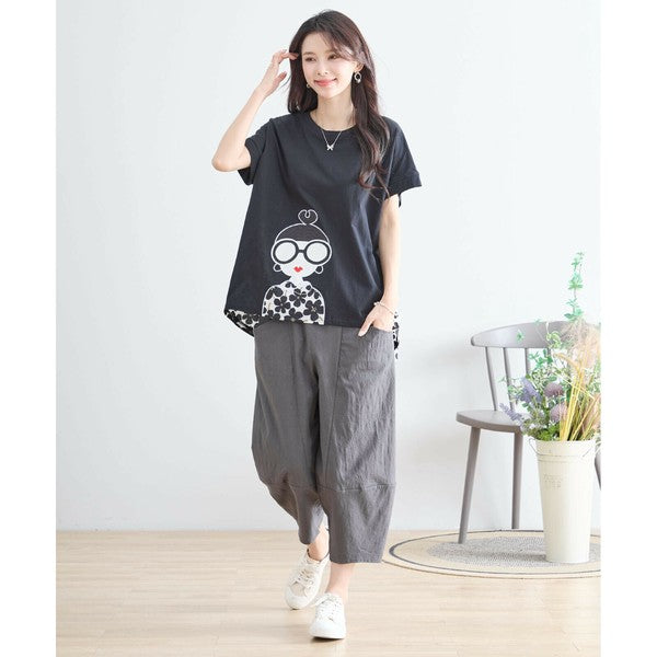 【M〜L】メガネガールTシャツ｜切替デザイン×花柄プリント ゆったり快適 N12-765A
