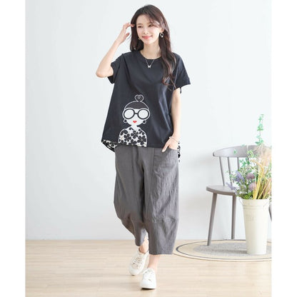 【M〜L】メガネガールTシャツ｜切替デザイン×花柄プリント ゆったり快適 N12-765A