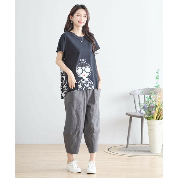 【M〜L】メガネガールTシャツ｜切替デザイン×花柄プリント ゆったり快適 N12-765A