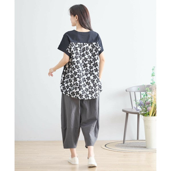【M〜L】メガネガールTシャツ｜切替デザイン×花柄プリント ゆったり快適 N12-765A