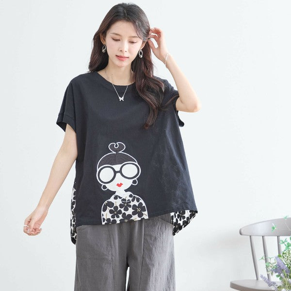 【M〜L】メガネガールTシャツ｜切替デザイン×花柄プリント ゆったり快適 N12-765A