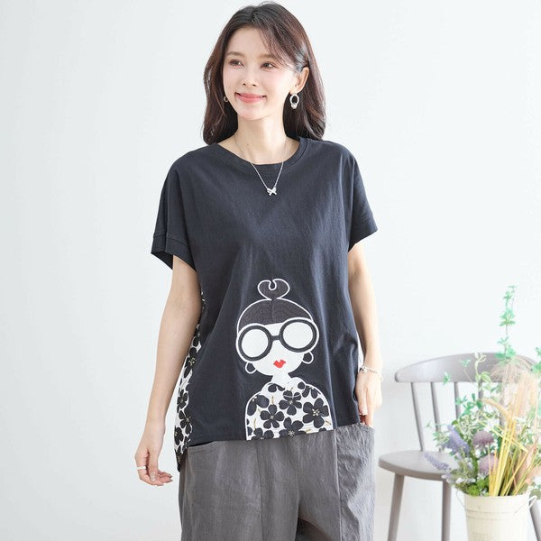 【M〜L】メガネガールTシャツ｜切替デザイン×花柄プリント ゆったり快適 N12-765A