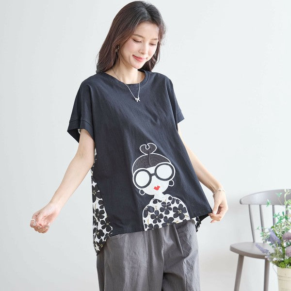 【M〜L】メガネガールTシャツ｜切替デザイン×花柄プリント ゆったり快適 N12-765A