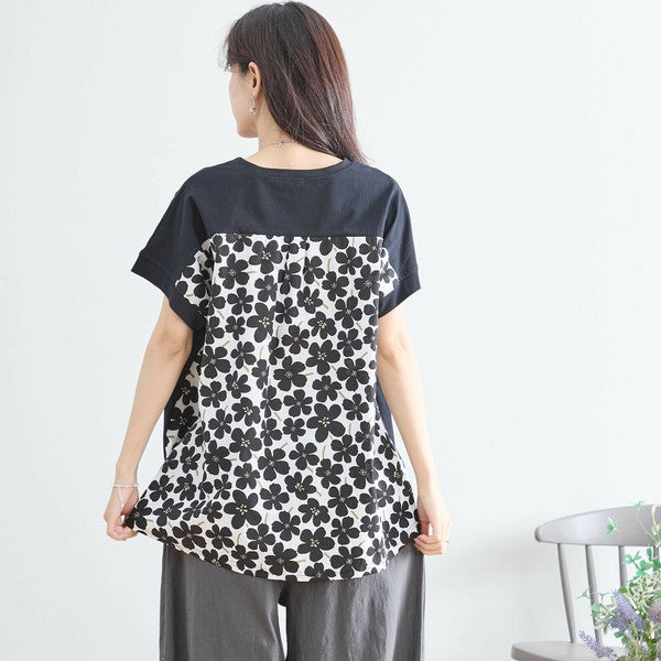 【M〜L】メガネガールTシャツ｜切替デザイン×花柄プリント ゆったり快適 N12-765A