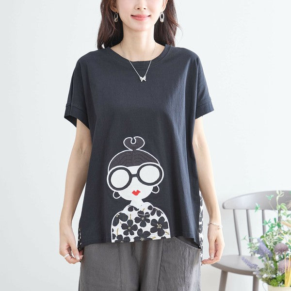 【M〜L】メガネガールTシャツ｜切替デザイン×花柄プリント ゆったり快適 N12-765A