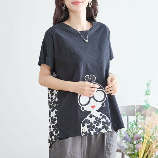 【M〜L】メガネガールTシャツ｜切替デザイン×花柄プリント ゆったり快適 N12-765A