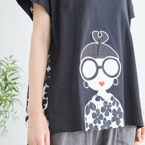 【M〜L】メガネガールTシャツ｜切替デザイン×花柄プリント ゆったり快適 N12-765A