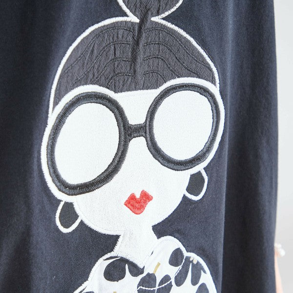 【M〜L】メガネガールTシャツ｜切替デザイン×花柄プリント ゆったり快適 N12-765A