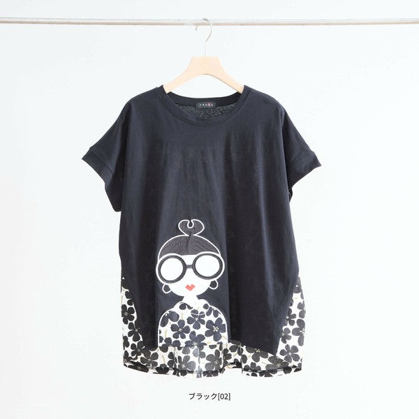 【M〜L】メガネガールTシャツ｜切替デザイン×花柄プリント ゆったり快適 N12-765A
