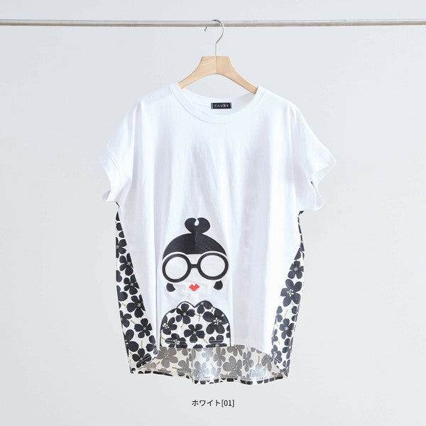 【M〜L】メガネガールTシャツ｜切替デザイン×花柄プリント ゆったり快適 N12-765A