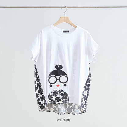 【M〜L】メガネガールTシャツ｜切替デザイン×花柄プリント ゆったり快適 N12-765A