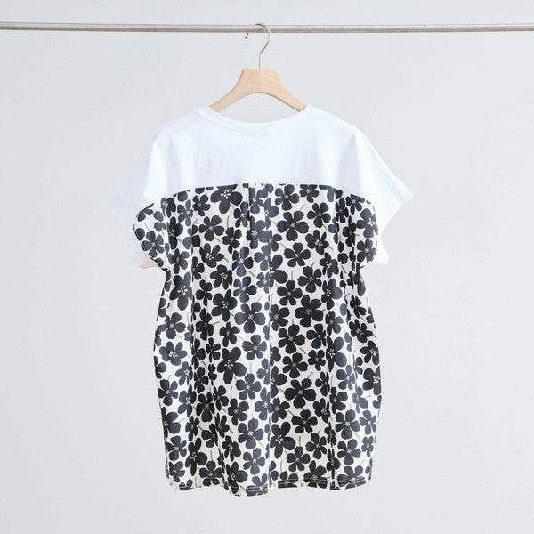 【M〜L】メガネガールTシャツ｜切替デザイン×花柄プリント ゆったり快適 N12-765A