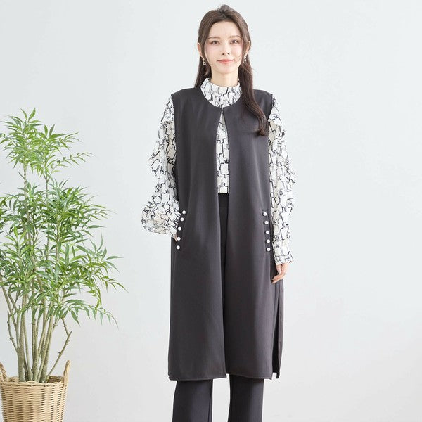 【L〜LL】TRUBE ポイントパールロングジレ 体型カバー／楽伸び N33-004