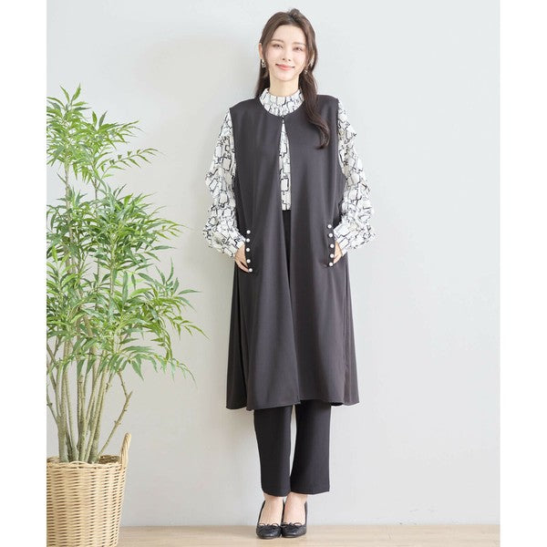 【L〜LL】TRUBE ポイントパールロングジレ 体型カバー／楽伸び N33-004