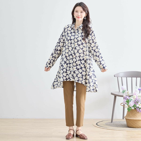 【M〜L対応】綿100・花柄ロングシャツ｜前後差ヘム・羽織OK・N73-090