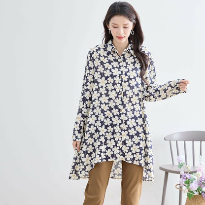 【M〜L対応】綿100・花柄ロングシャツ｜前後差ヘム・羽織OK・N73-090