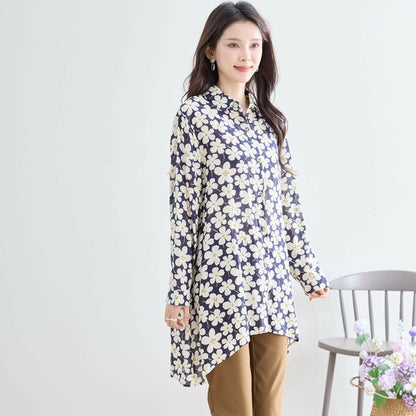 【M〜L対応】綿100・花柄ロングシャツ｜前後差ヘム・羽織OK・N73-090