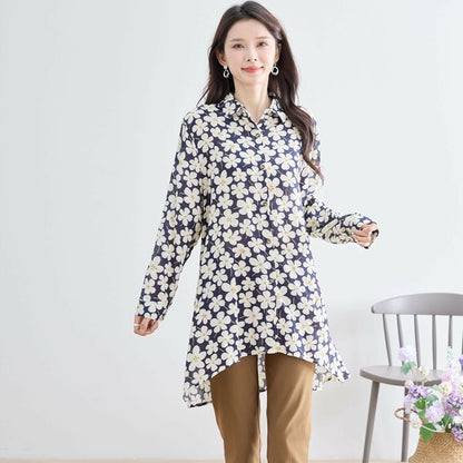 【M〜L対応】綿100・花柄ロングシャツ｜前後差ヘム・羽織OK・N73-090