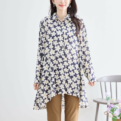 【M〜L対応】綿100・花柄ロングシャツ｜前後差ヘム・羽織OK・N73-090