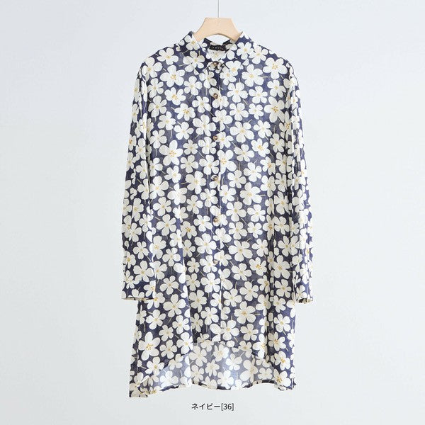 【M〜L対応】綿100・花柄ロングシャツ｜前後差ヘム・羽織OK・N73-090