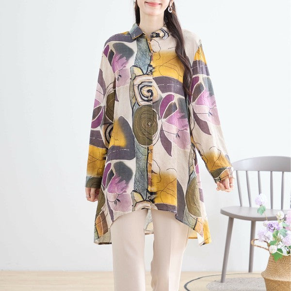 【M〜L】綿100・ボタニカルアート柄ロングシャツ｜長袖・軽やかコットン・TRUBE・N73-096