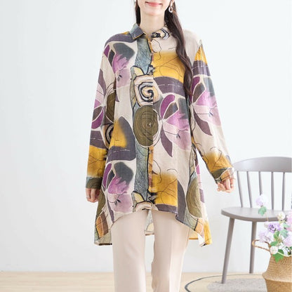 【M〜L】綿100・ボタニカルアート柄ロングシャツ｜長袖・軽やかコットン・TRUBE・N73-096