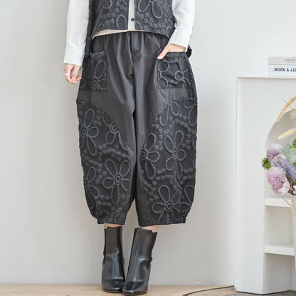 【M〜L対応】立体花柄アップリケバルーンパンツ｜アート感・体型カバー・個性派デザイン・N53-042