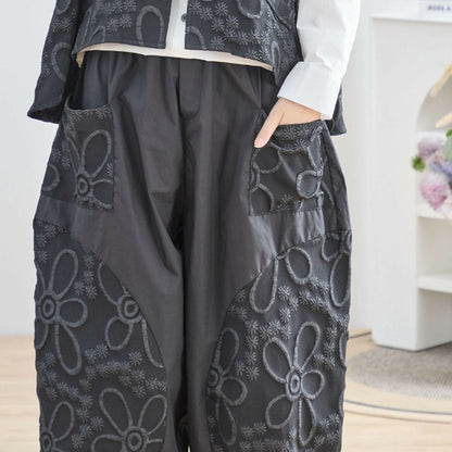 【M〜L対応】立体花柄アップリケバルーンパンツ｜アート感・体型カバー・個性派デザイン・N53-042