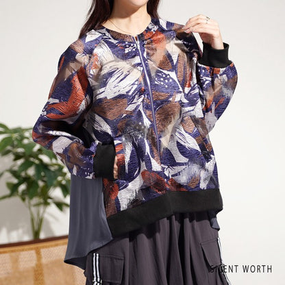 オーガンジー 切替 ブルゾン 花柄 透け感 ライトアウター 羽織り ゆったり 秋 M
