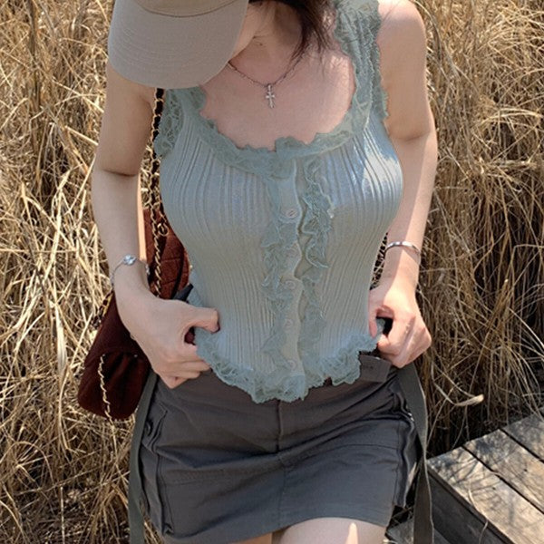 フリル レース リブ編み タンクトップ ビスチェ レイヤード 大人可愛い 春夏 FREE